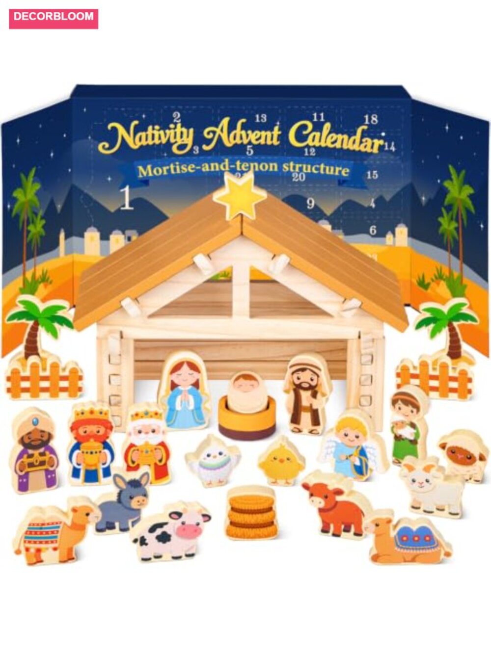 Wooden Nativity Advent Calendar 24-Piece Christmas Scene Set Kids 3+